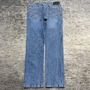 Wrangler Rock 47 Slim Straight Jeans Mens 36x32 Blue Thick Stitch Embroidered